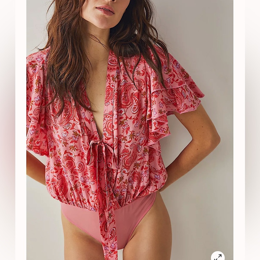 Free People Call Me Later Printed Bodysuit in Red Combo. Size XS. NWOT